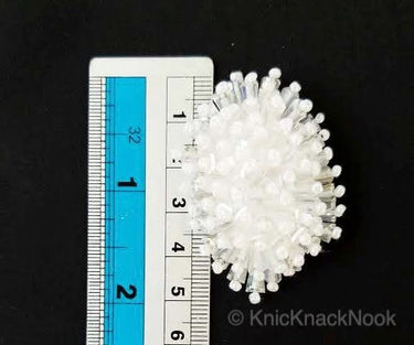 Handmade White Beaded Oblong Applique, Sequinned Beads Applique Motif